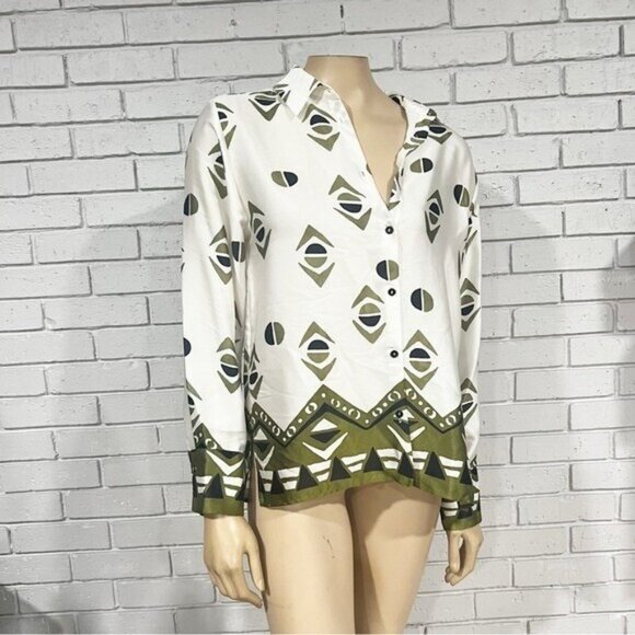 Zara Geometric Print Satin-Effect Shirt – Small, Silk-Look, Collared Button-Up - Picture 7 of 8